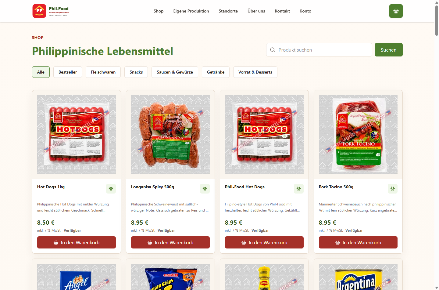 Screenshot des Phil-Food Onlineshops