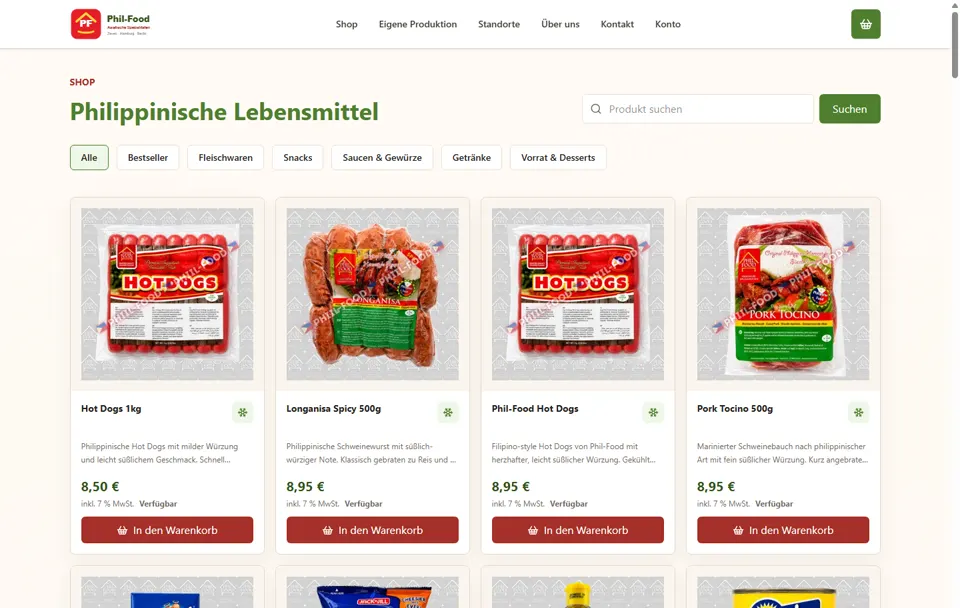 Screenshot des Phil-Food Onlineshops